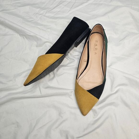 Zara Shoes - Zara Suede Colorblock Yellow Black Green Pointed Toe Flats Size 36